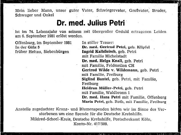 Petri julius 1907-1981 Todesanzeige